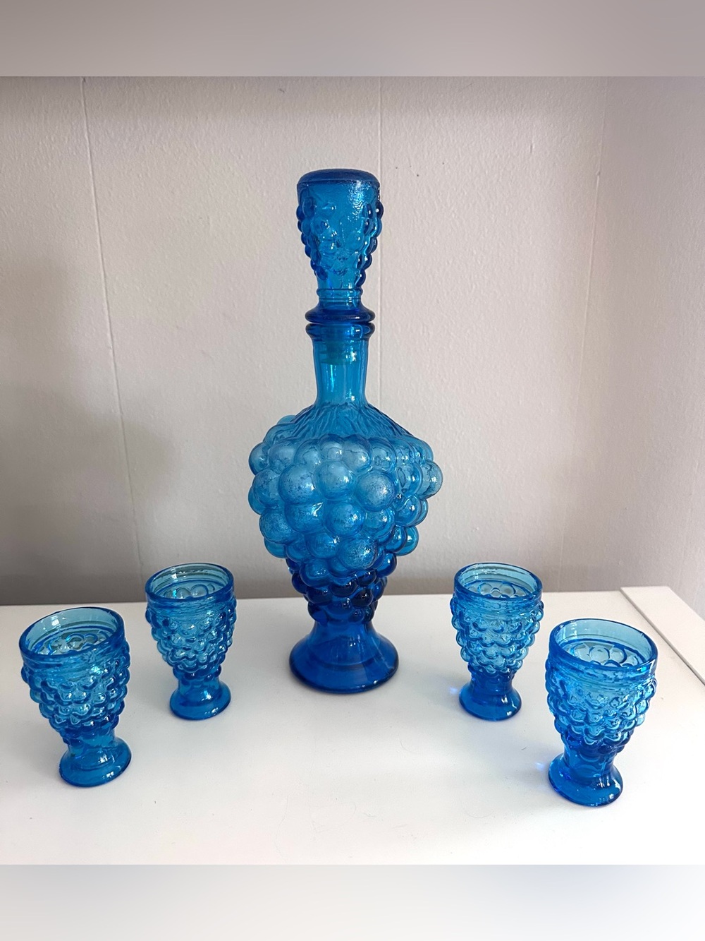 Vintage Decanter and Glass Set - Cobalt Blue Grape Cluster Empoli Glass